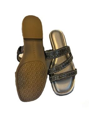 Kelly & Katie Metallic Silver Beaded Triple-Strap Slide Sandals